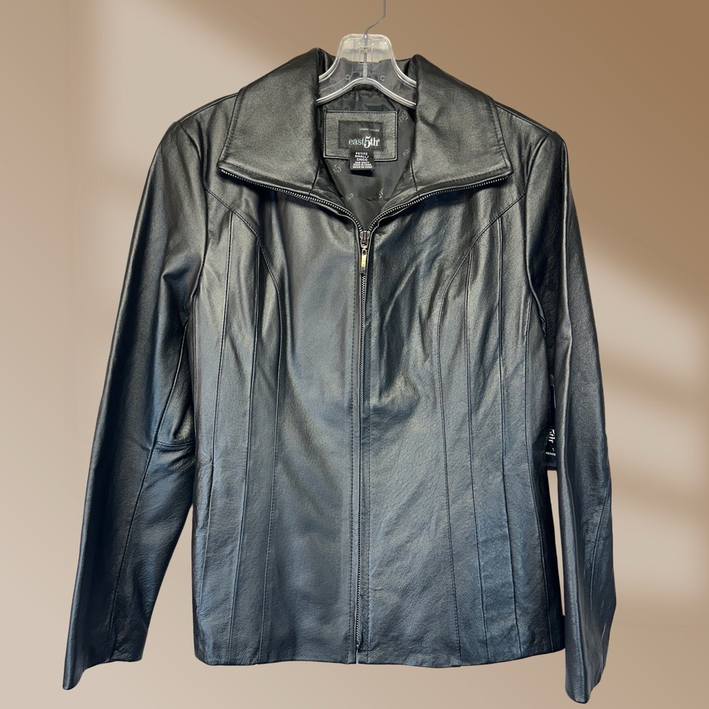 East 5th Genuine Ladies Black Leather Jacket Wide Wing Style Collar Sz S/P  NWT!